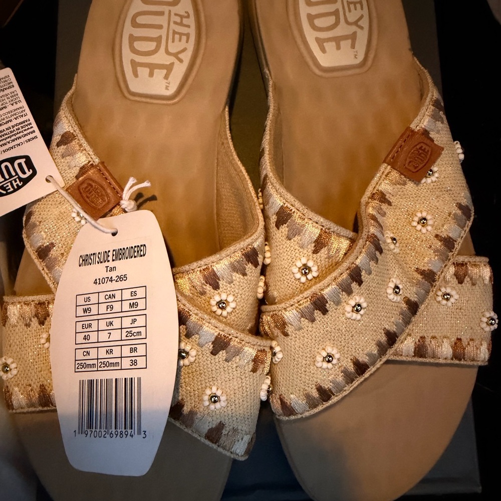Hey Dude Beige Embellished Crossband Slide Sandals - Picture 3 of 5